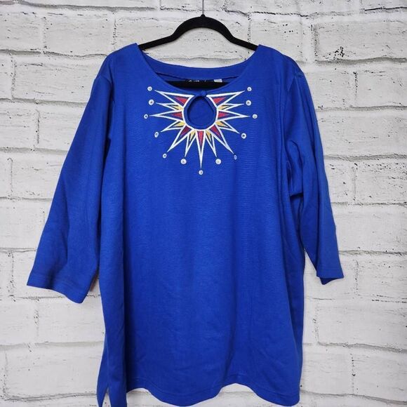 Bob Mackie Wearable Art Embroidered Keyhole Blouse Top Blue Size 1X 3/4 Sleeve - Picture 1 of 15
